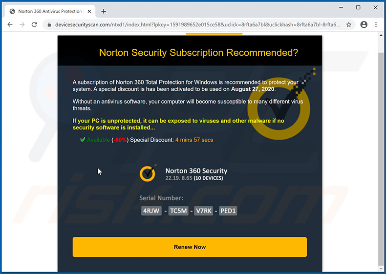 L'escroquerie contextuelle de l'abonnement Norton a expiré aujourd'hui diffusée par le site Web devicesecurityscan.com