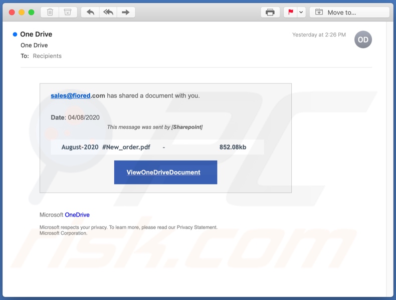 Fausse campagne de spam par e-mail OneDrive