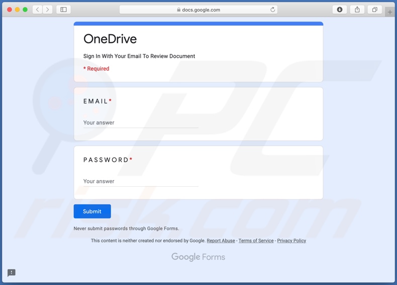 Escroquerie par e-mail OneDrive sur une fausse page volant les informations d'identification du compte