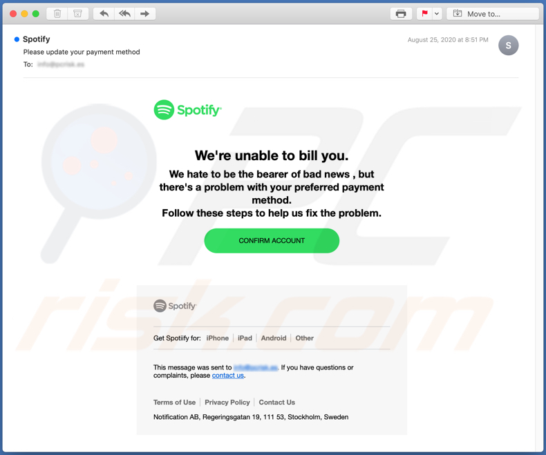 Campagne de spam par e-mail Spotify Email Scam