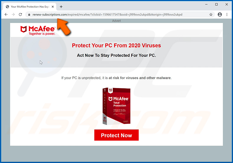 Arnaque pop-up de votre abonnement McAfee a expiré fournie par le site Web renew-subscriptions.com