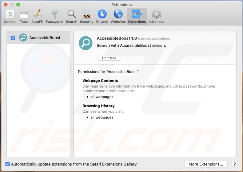 AccessibleBoost adware installed onto Safari