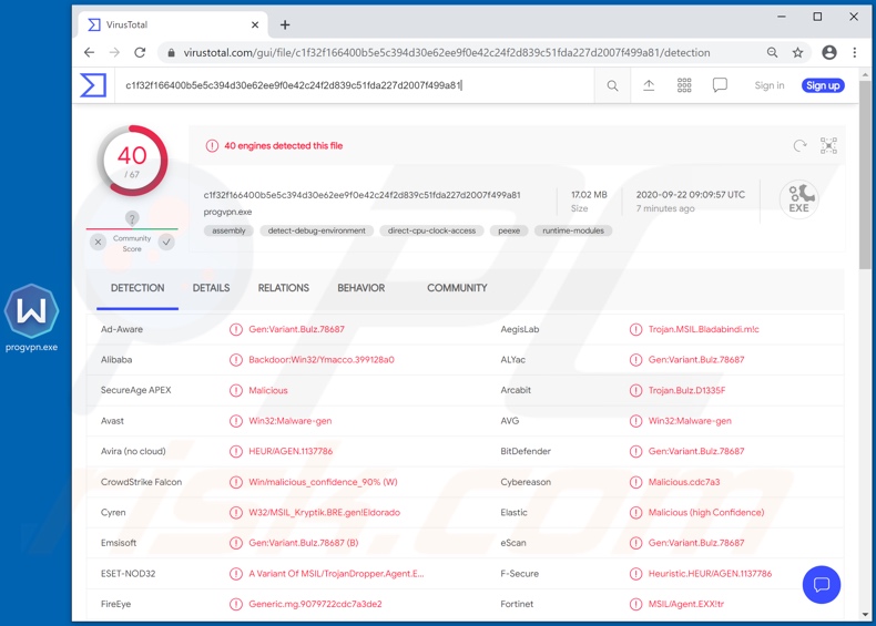 Détections de logiciels malveillants BLADABINDI sur VirusTotal