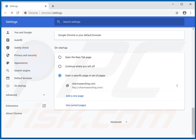 Suppression de charmsearching.com de la page d'accueil de Google Chrome