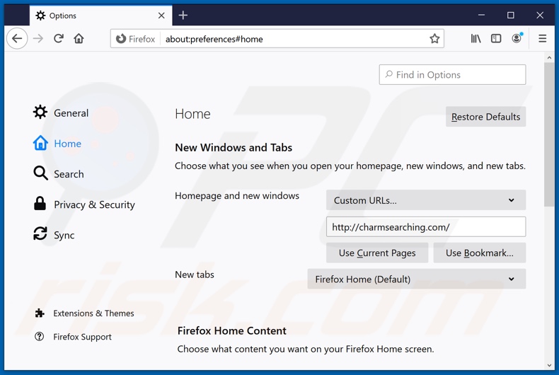 Supprimer charmsearching.com de la page d'accueil de Mozilla Firefox
