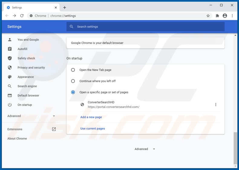 Removing convertersearchhd.com from Google Chrome homepage