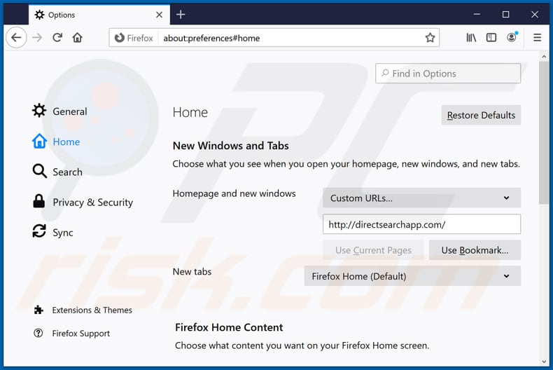 Suppression de Directearchapp.com de la page d'accueil de Mozilla Firefox