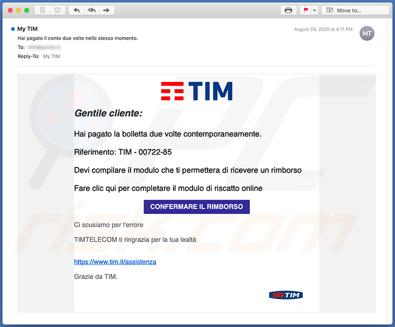 Courriel de spam italien utilisé à des fins de phishing