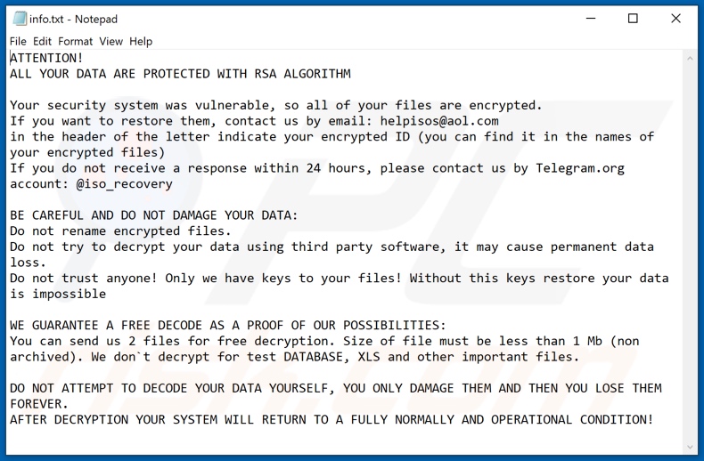 Isos ransomware text file (info.txt)