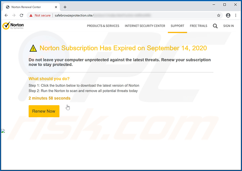 L'abonnement Norton a expiré aujourd'hui variante d'escroquerie fournie par le site Web safebrowzeprotection.site