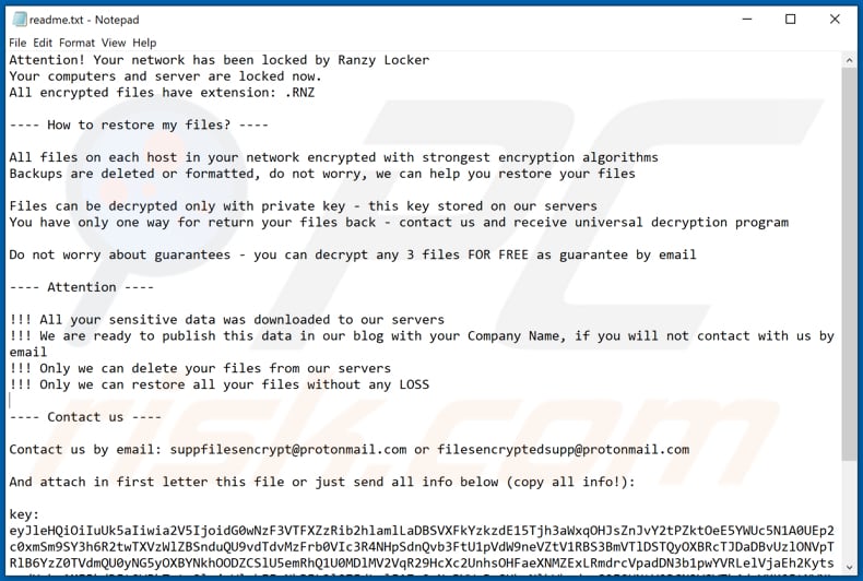 Instructions de déchiffrement de Ranzy Locker (readme.txt)