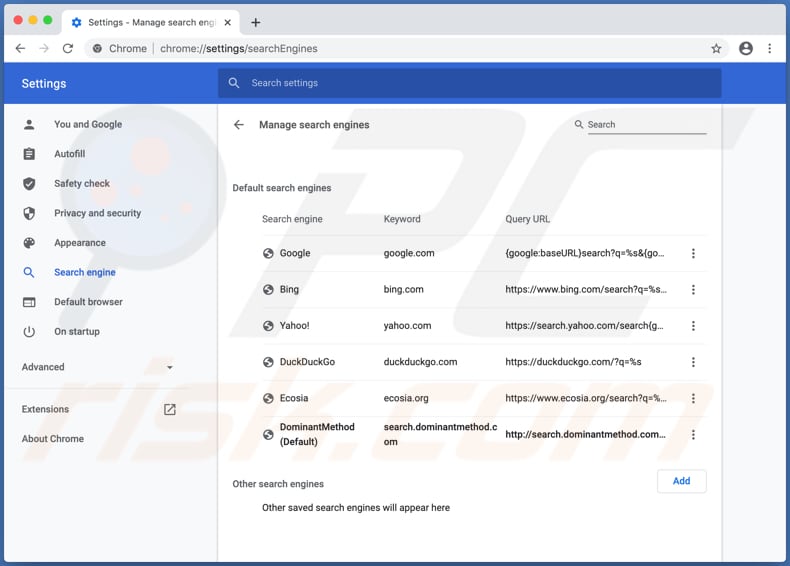 search.dominantmethod.com in modified chrome settings