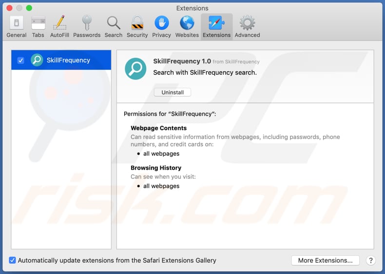 skillfrequency adware installed on safari browser