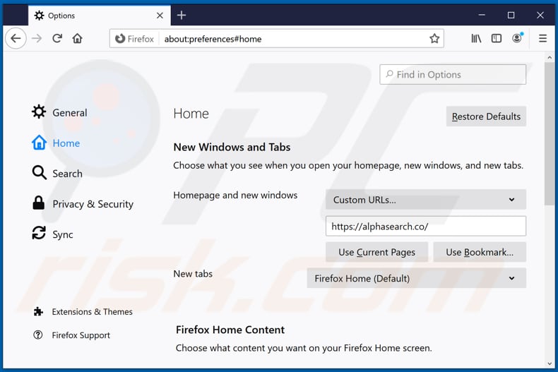 Suppression de alphasearch.co de la page d'accueil de Mozilla Firefox