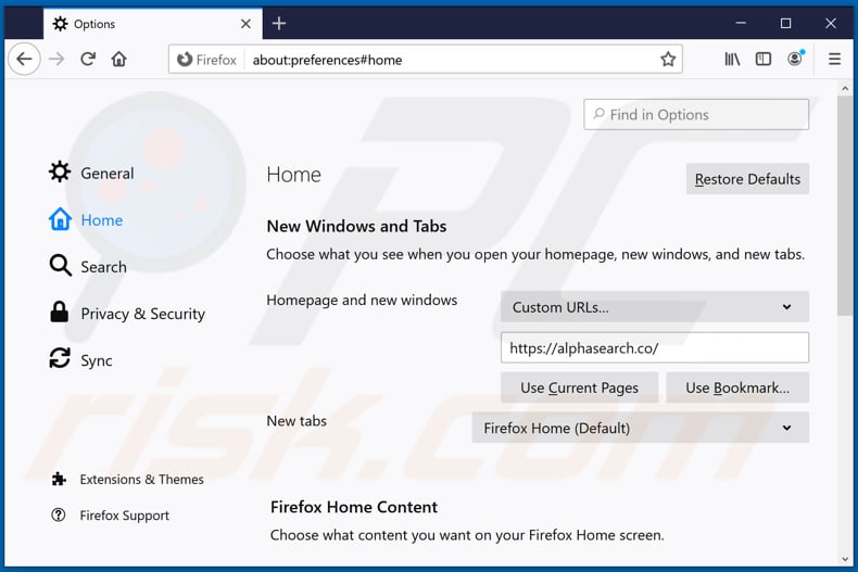 Suppression de alphasearch.co de la page d'accueil de Mozilla Firefox