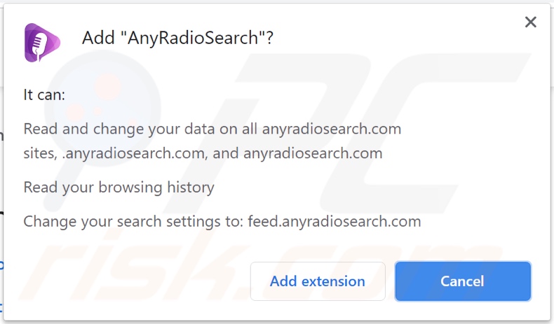 Pirate de navigateur AnyRadioSearch demandant des autorisations