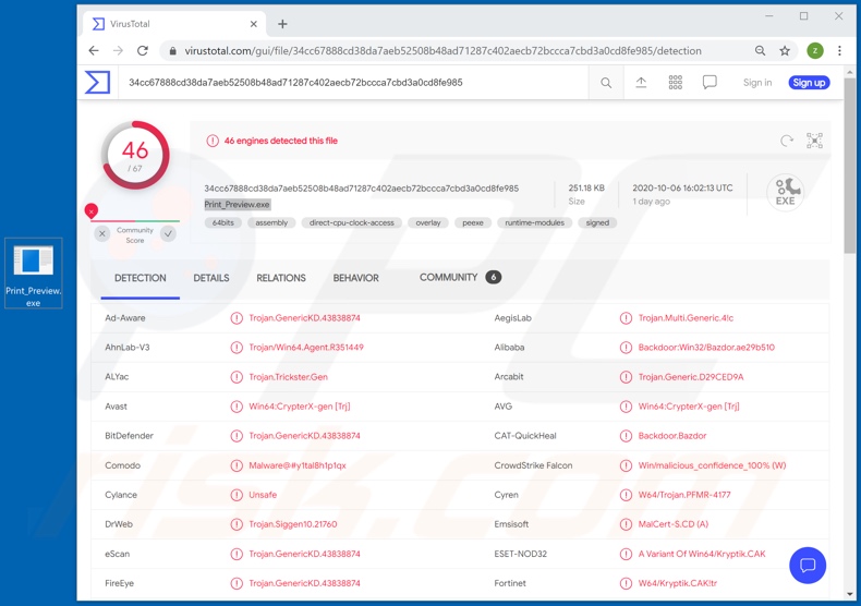 Détections de logiciels malveillants BazarLoader sur VirusTotal