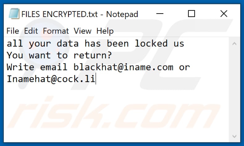 Fichier texte du rançongiciel bH4T (FILES ENCRYPTED.txt)