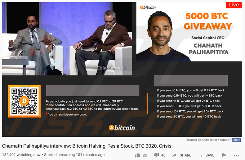 Vidéo sur le thème de Chamath Palihapitiya faisant la promotion de l'arnaque BTC Giveaway