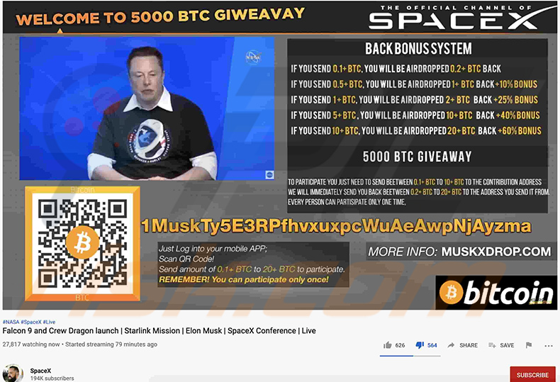 Vidéo sur le thème d'Elon Musk faisant la promotion de l'arnaque BTC Giveaway