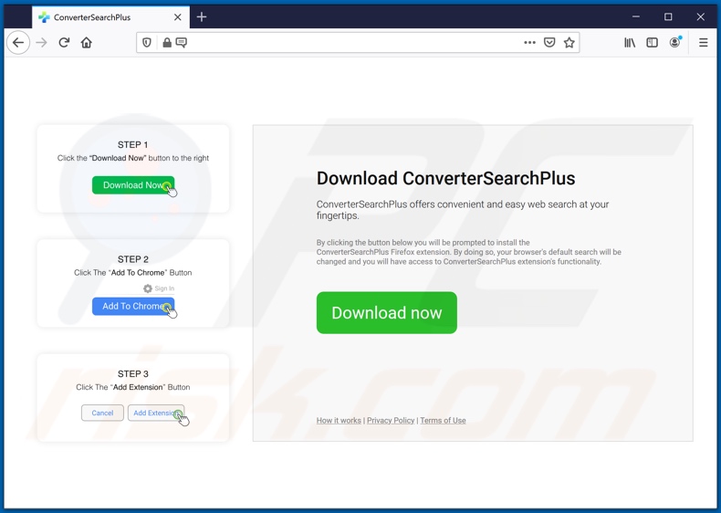 Site Web utilisé pour promouvoir le pirate de navigateur ConverterSearchPlus (Firefox)