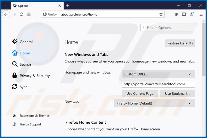 Suppression de convertersearchtool.com de la page d'accueil de Mozilla Firefox