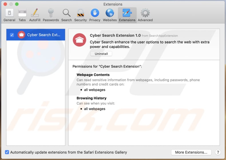 extension de safari de pirate de navigateur cyber recherche