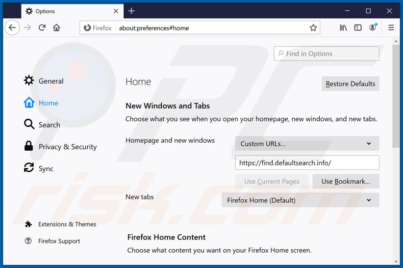 Suppression de find.defaultsearch.info de la page d'accueil de Mozilla Firefox