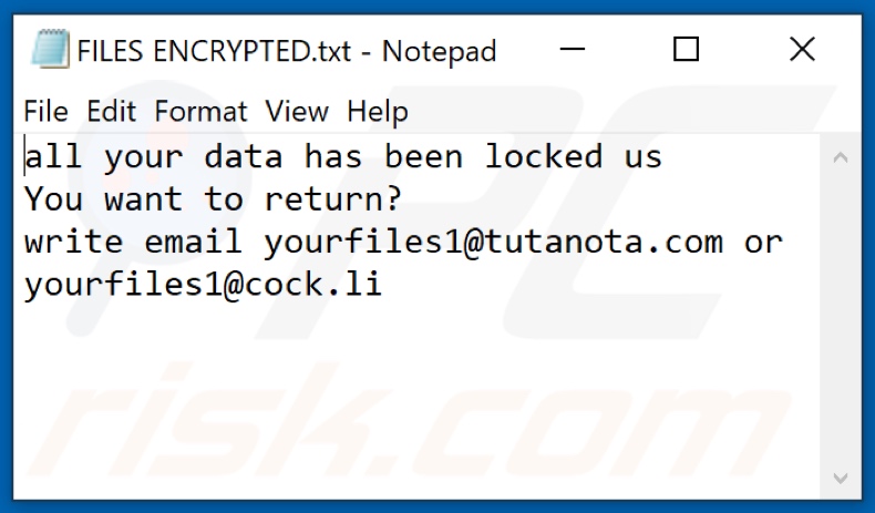 FLYU ransomware text file (FILES ENCRYPTED.txt)