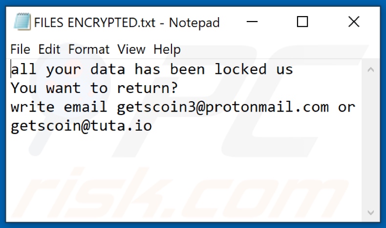 Fichier texte du ransomware GTSC (FILES ENCRYPTED.txt)