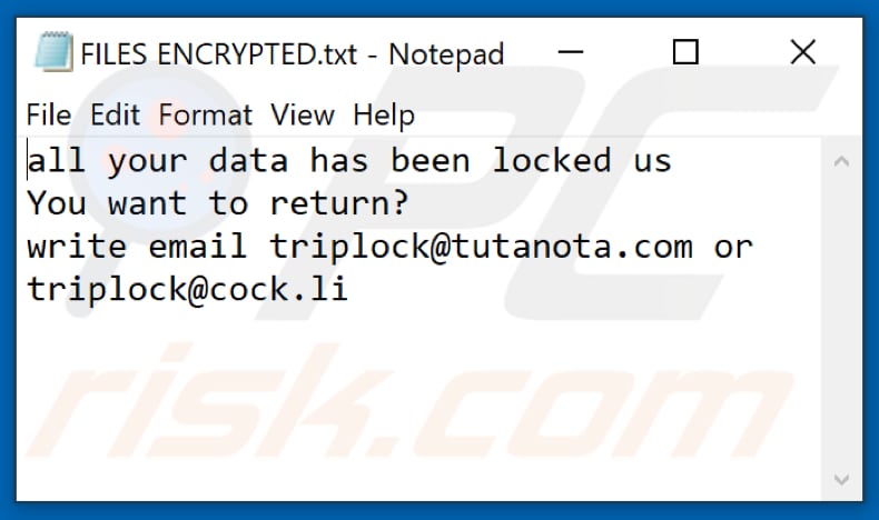 Fichier texte du ransomware LCK (FILES ENCRYPTED.txt)