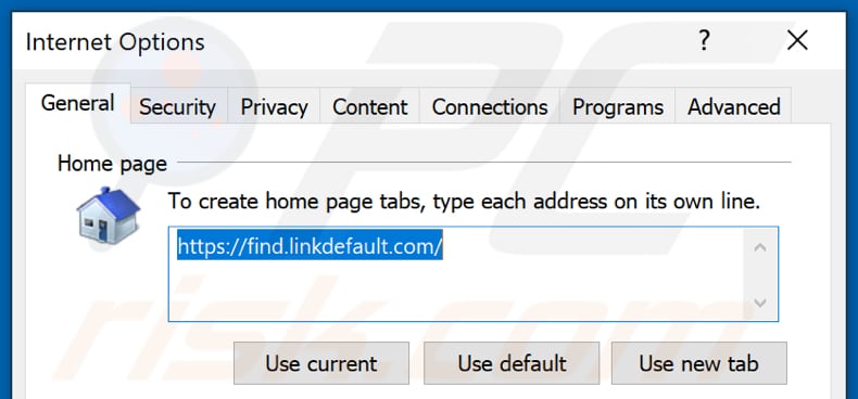 Removing find.linkdefault.com from Internet Explorer homepage