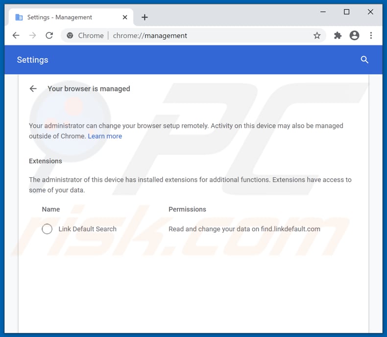 link default browser hijacker adds managed by your organization feature