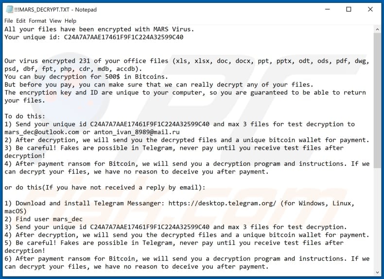 Instructions de déchiffrement MARS (!!! MARS_DECRYPT.TXT)