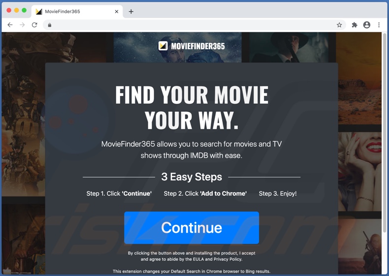 Dubious website used to promote MovieFinder365 browser hijacker