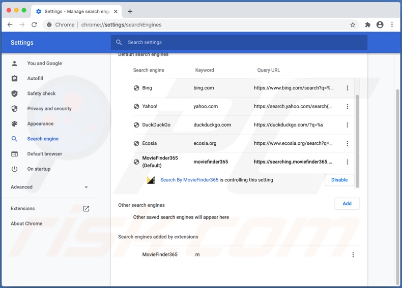 MovieFinder365 browser hijacker set searching.moviefinder365.com as default in Chrome