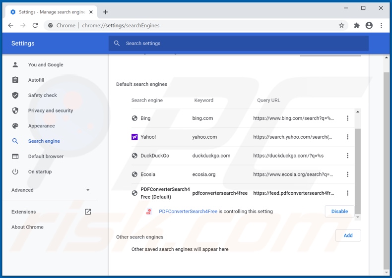Suppression de pdfconvertersearch4free.com du moteur de recherche par défaut de Google Chrome