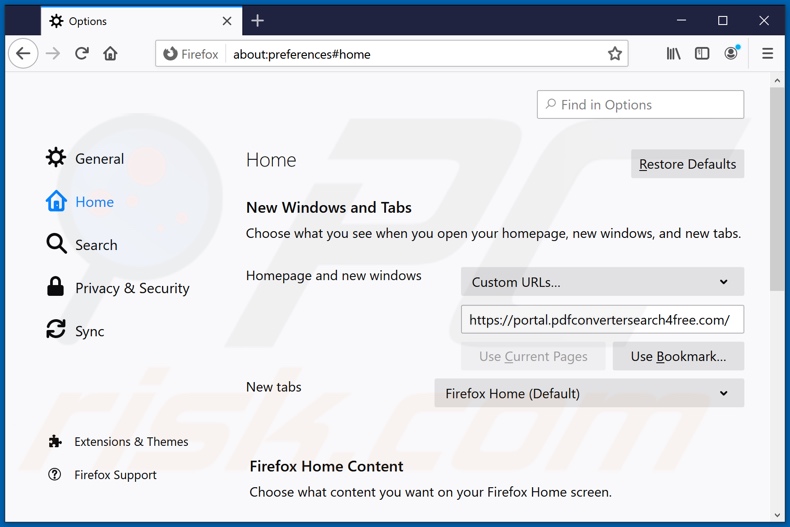 Suppression de pdfconvertersearch4free.com de la page d'accueil de Mozilla Firefox
