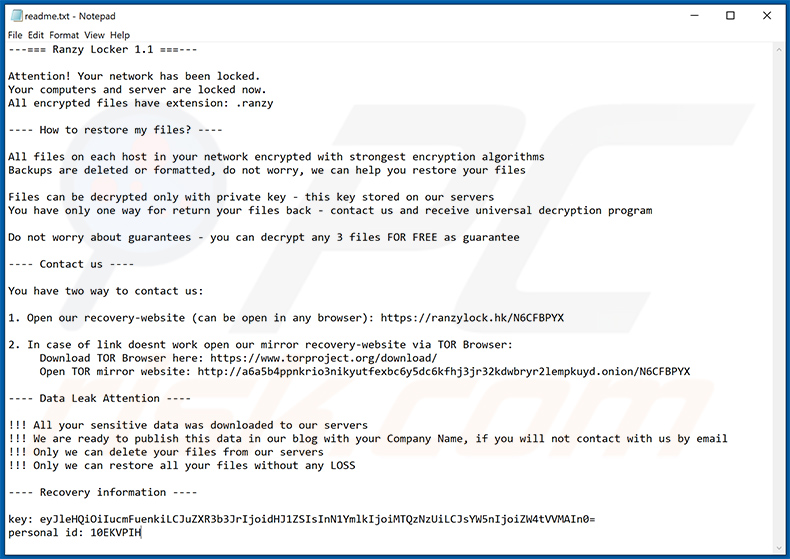 Note de rançon abandonnée par le ransomware Ranzy Locker (2020-10-19)