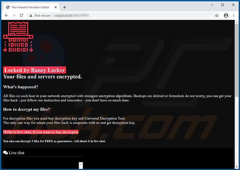 Site Web du ransomware Ranzy Locker dans un navigateur standard