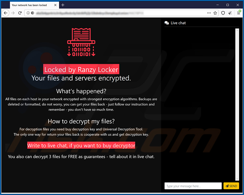 Site Web du ransomware Ranzy Locker dans le navigateur Tor
