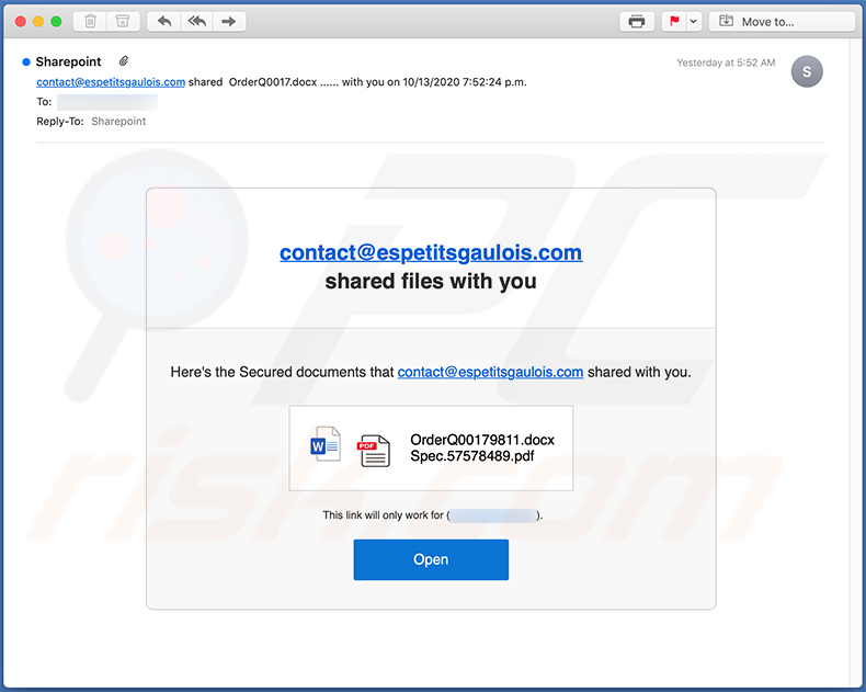 Courrier indésirable SharePoint faisant la promotion d'un site de phishing