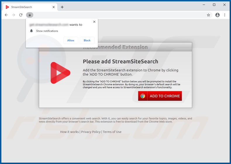 Site Web utilisé pour promouvoir le pirate de navigateur StreamSiteSearch