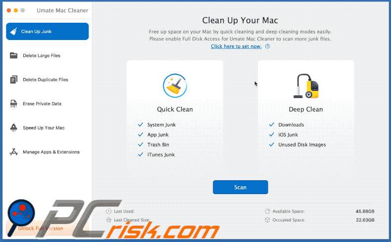 Apparence de l'Umate Mac Cleaner PUA (GIF)