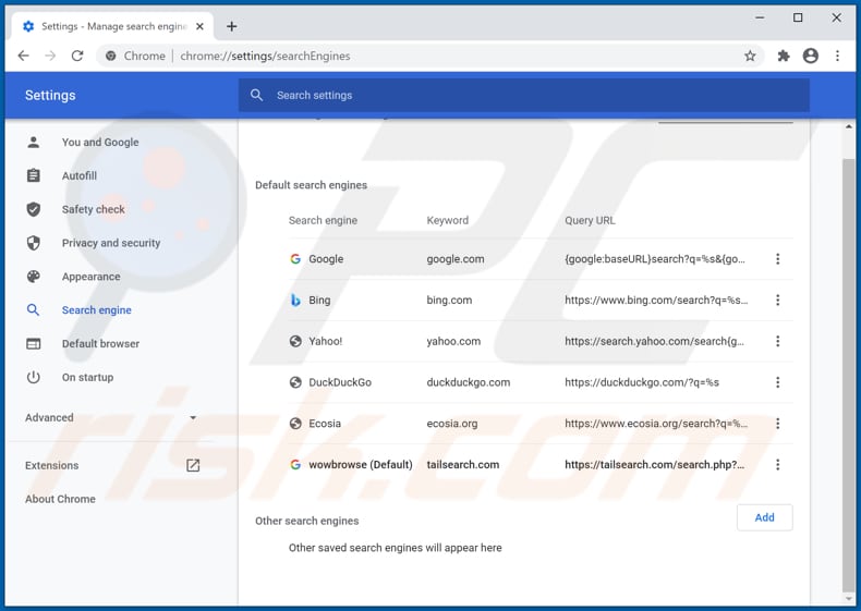 Suppression de tailsearch.com du moteur de recherche par défaut de Google Chrome