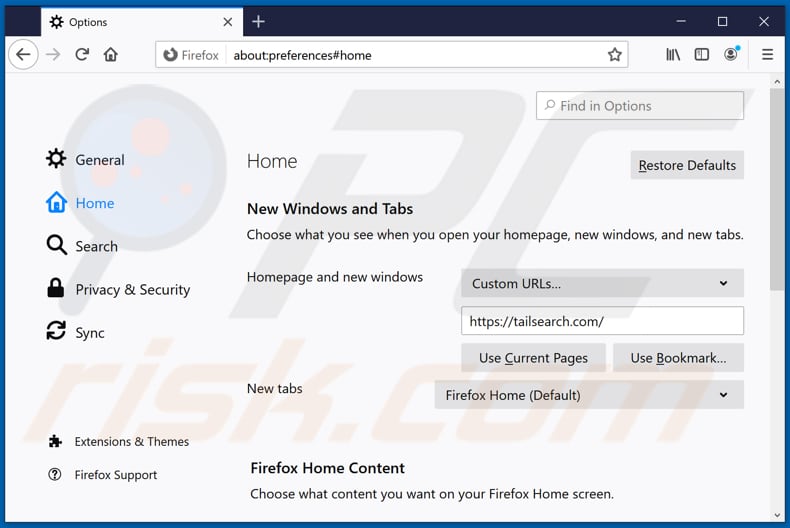 Supprimer tailsearch.com de la page d'accueil de Mozilla Firefox