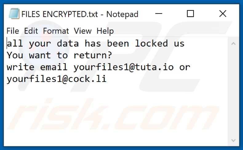 Fichier texte du rançongiciel YUFL (FILES ENCRYPTED.txt)