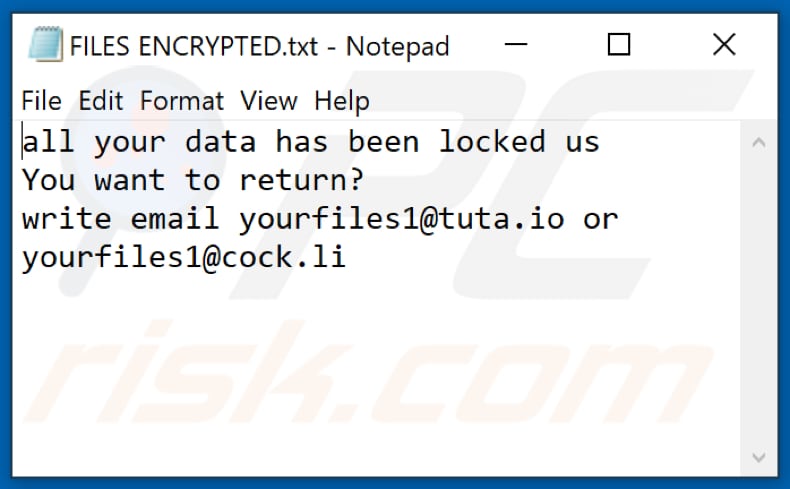 Fichier texte du rançongiciel YUFL (FILES ENCRYPTED.txt)