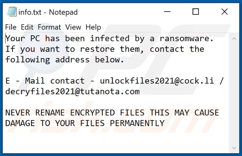 Fichier texte du ransomware Acuff (info.txt)