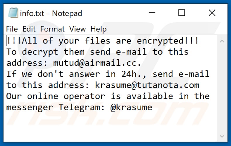 Fichier texte du ransomware Banjo (info.txt)